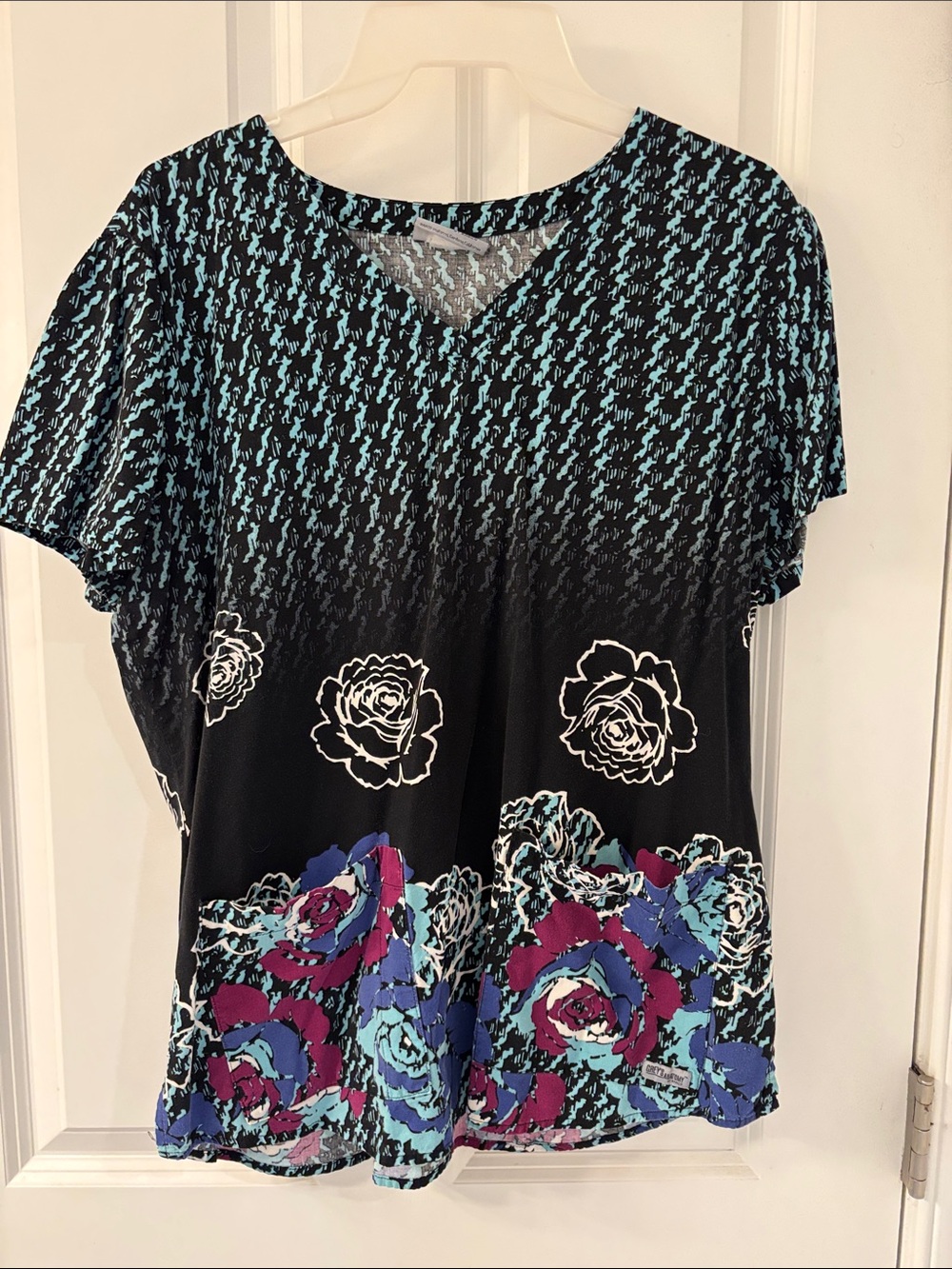 Black Floral V-Neck Women’s Grey’s Anatomy Scrub Top with Teal & Purple Accents